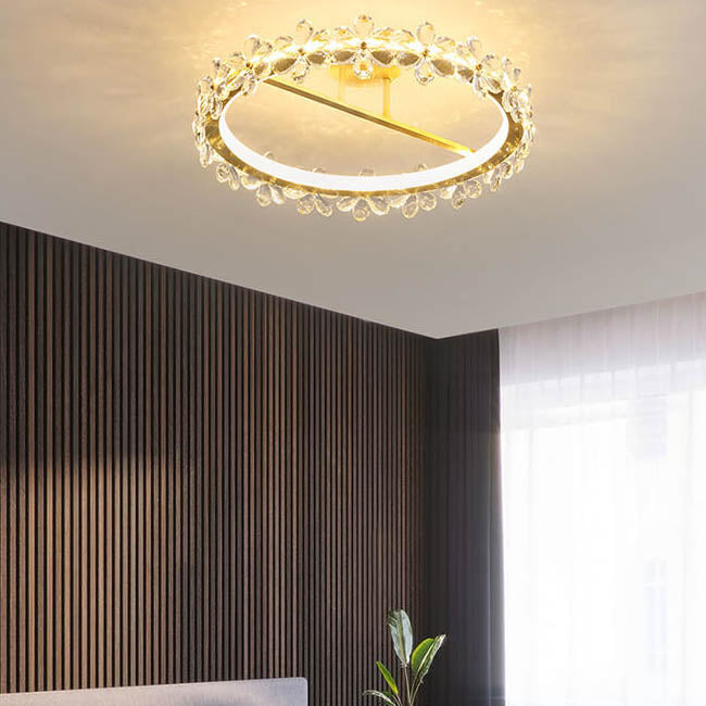 Moderne Luxus Kristall Blütenblatt Ring LED Deckenleuchte in halber Einbauhöhe 