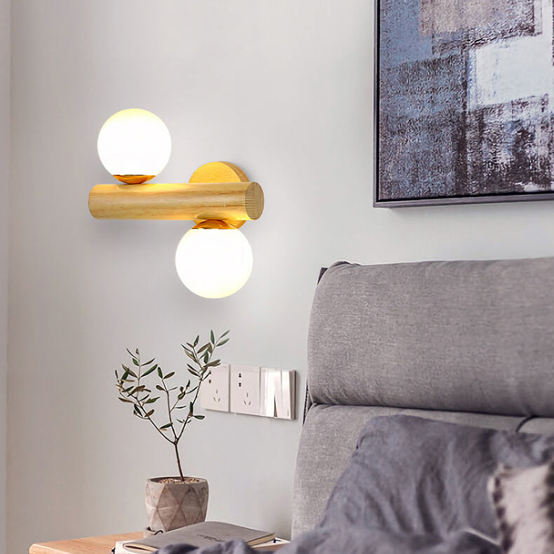 Modern Log Wood Double Glass Globe 2-Light Wall Sconce Lamp