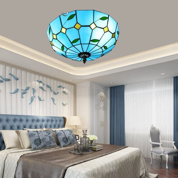 Luz de techo empotrada de 3 luces con vidrieras mediterráneas azul Tiffany 