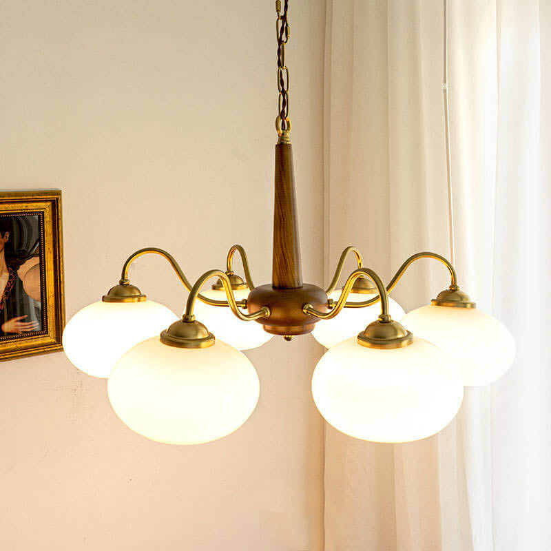 Vintage Walnut Glass Shade 4/6-Light Chandelier