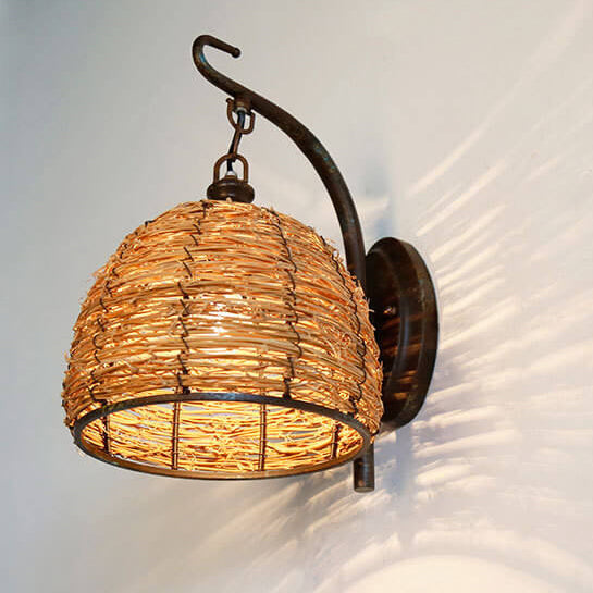 Vintage Rattan Weaving Dome Shade 1-Light Wall Sconce