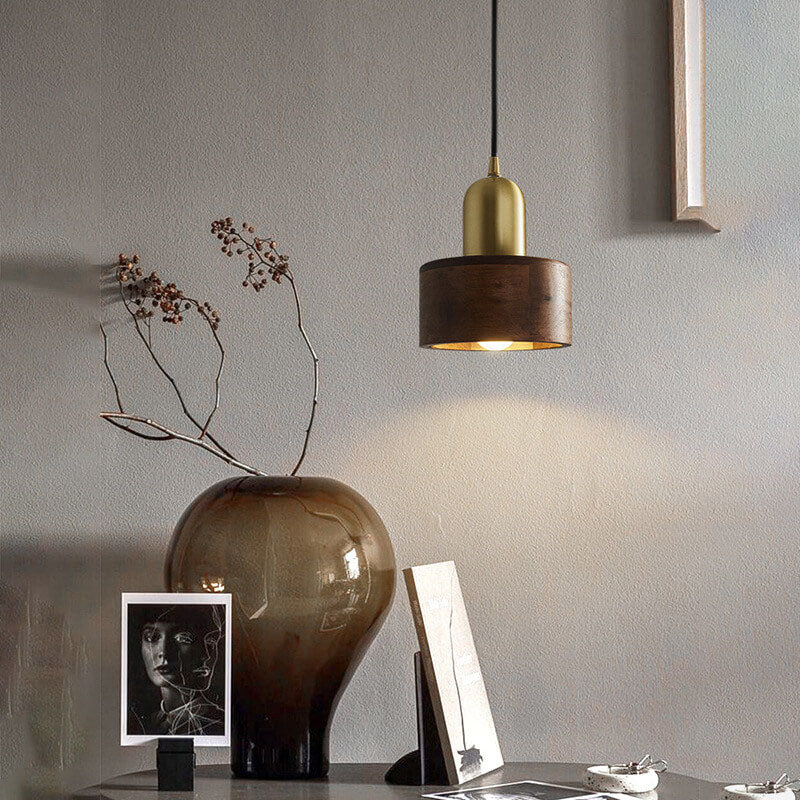 Vintage Walnut Cylinder Brass Top LED Pendant Light