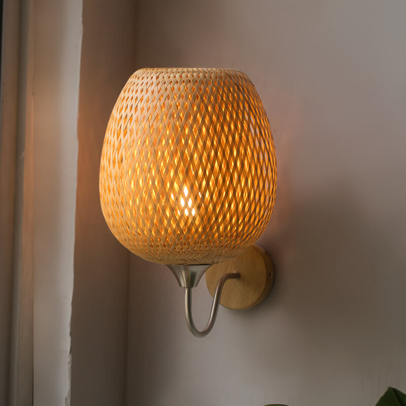 Moderner runder Lampenschirm aus Bambusgeflecht, 1-flammige Wandleuchte 