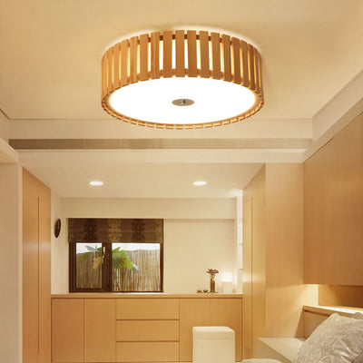Modern Simple Wooden Cylindrical Flush Mount Ceiling Light
