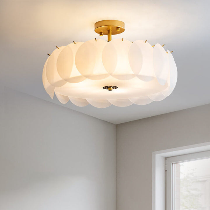 French Glass Round Drum 5/6 Light Semi-Flush Mount Ceiling Light
