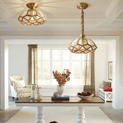 European Brass Glass Dome 1-Light Pendant Ceiling Light