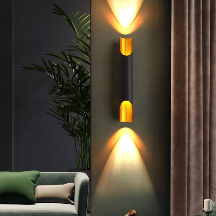 Moderne zylindrische Aluminium Schwarz Gold 2-Licht Wandleuchte 