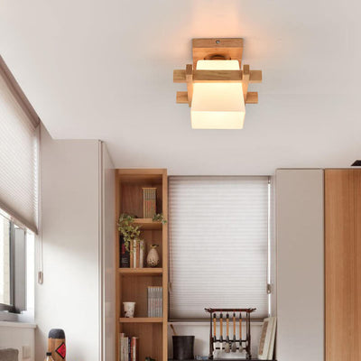 Modern Wooden Square Cube 1-Light Semi-Flush Mount Ceiling Light