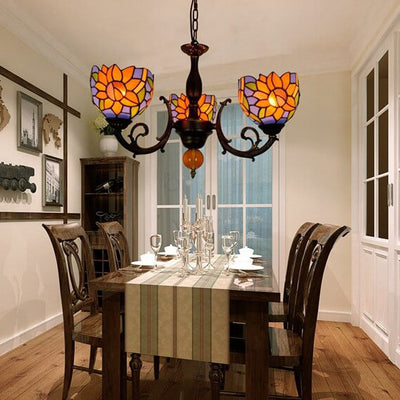 Tiffany Rustic Sunflower Stained Glass 3-Light Chandelier