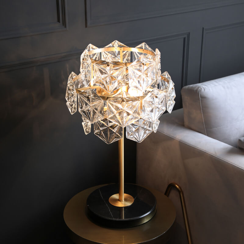 Modern Snowflake Glass Shade 2-Light Marble Base Table Lamp