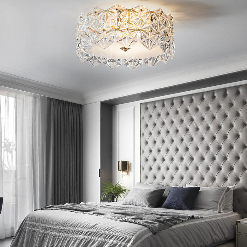 Modern Snowflake Glass Round Brass 4-Light Flush Mount Ceiling Light