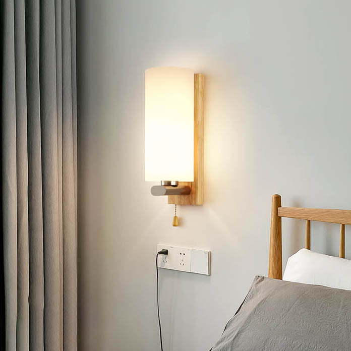 Nordic Wooden Glass Cylindrical 1-Light Wall Sconce Lamp