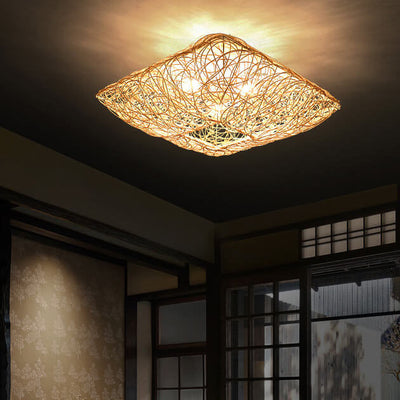 Modern Rattan Weaving Nest Square Shape 3-Light Flush Mount Ceiling Light