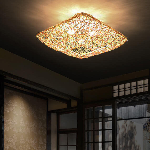 Modern Rattan Weaving Nest Square Shape 3-Light Flush Mount Ceiling Light