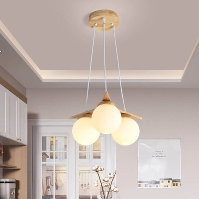 Modern Solid Wood Frosted Glass Ball 3/5 Light Chandelier