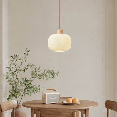 Vintage Wooden White Glass Round 1-Light Pendant Light