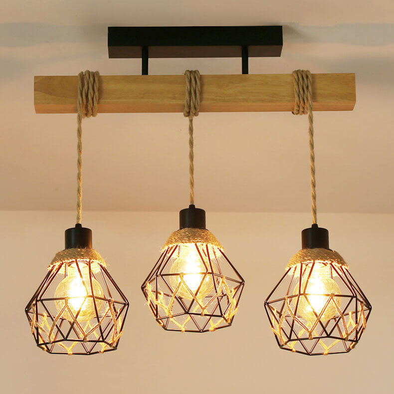 Vintage Industrial Hemp Rope Metal Cage 3-Light Chandelier Ceiling Light