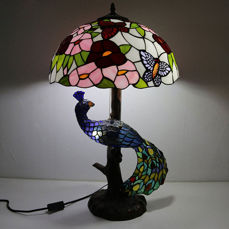Tiffany Classical Flower Stained Glass Peacock Base 3-Light Table Lamp