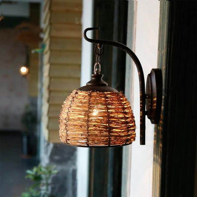Vintage Rattan Weaving Dome Shade 1-Light Wall Sconce