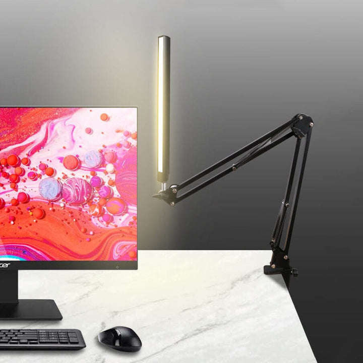 Lampe de bureau de lecture USB à pince à bras long pliable à LED pour protection des yeux