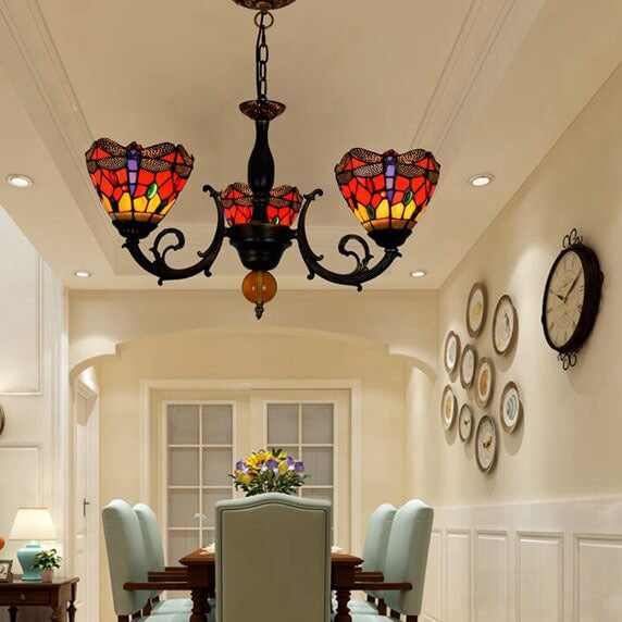 European Tiffany Red Dragonfly Stained Glass 3-Light Chandelier