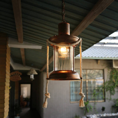 Vintage Hemp Rope Lantern Oil Lamp Iron Pendant Light