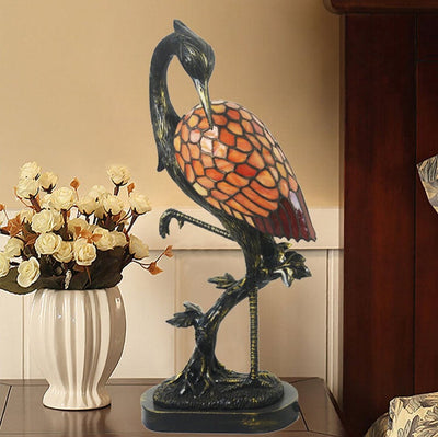 Vintage Tiffany Crane 1-Light Stained Glass Table Lamp