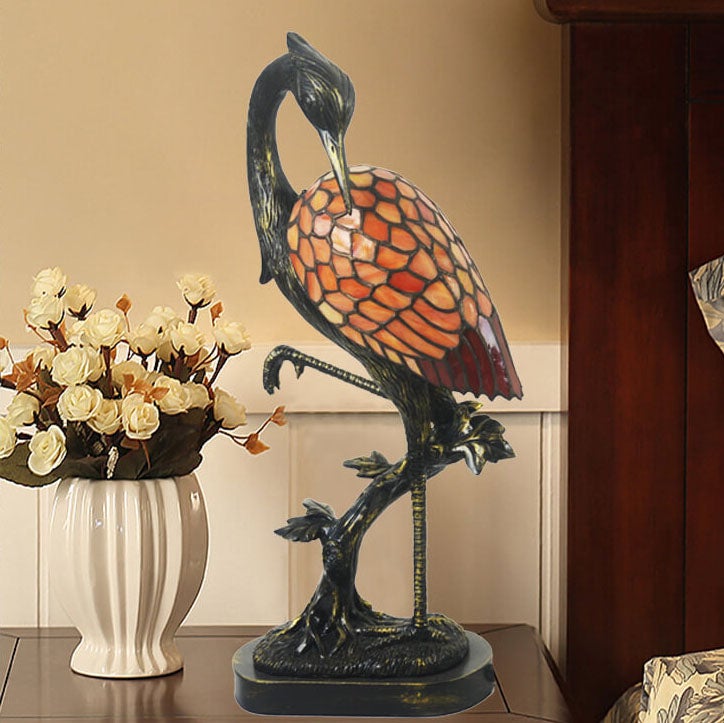 Vintage Tiffany Crane 1-Light Stained Glass Table Lamp
