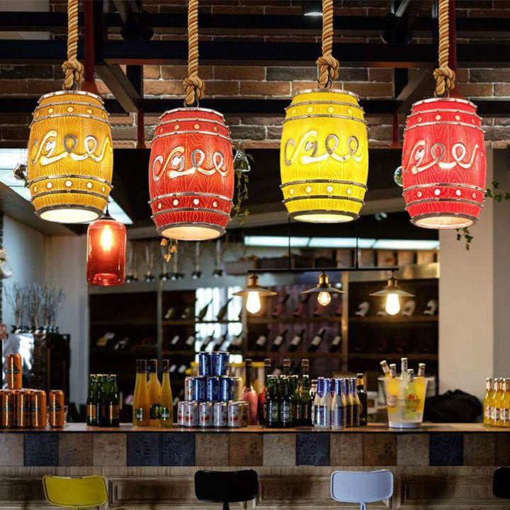 Traditional Vintage Resin Hemp Rope Wine Barrel Resin 1-Light Pendant Light For Living Room