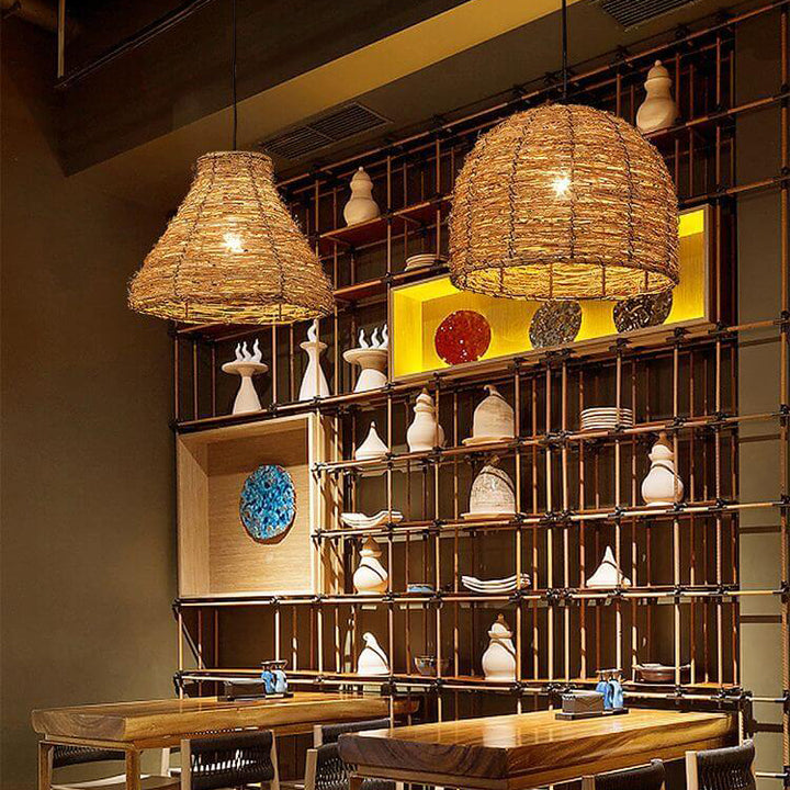 Suspension Luminaire à 1 Lumière en Rotin Rétro Tressé en Dôme 