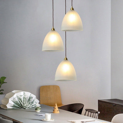 Simple Bell-shaped Striped Glass 1-Light Pendant Light