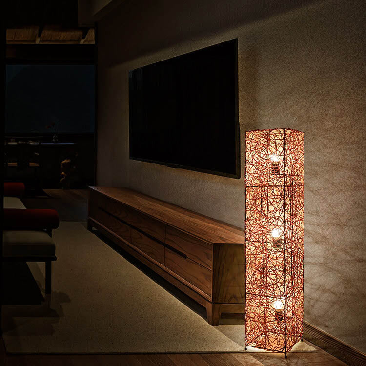 Minimalist Rattan Weaving Column Shaped 3-Light Standing Floor Lamp