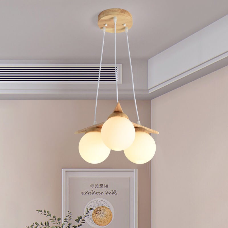 Modern Solid Wood Frosted Glass Ball 3/5 Light Chandelier