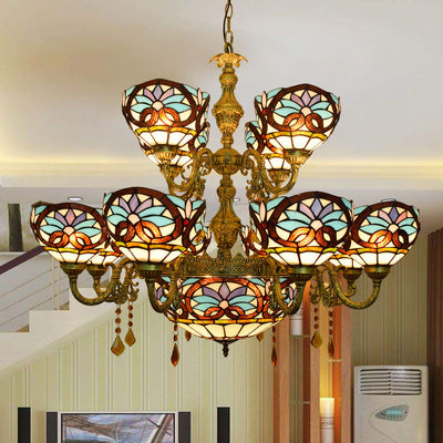 Chandelier européen style Tiffany amour baroque en verre teinté à 15 lumières 