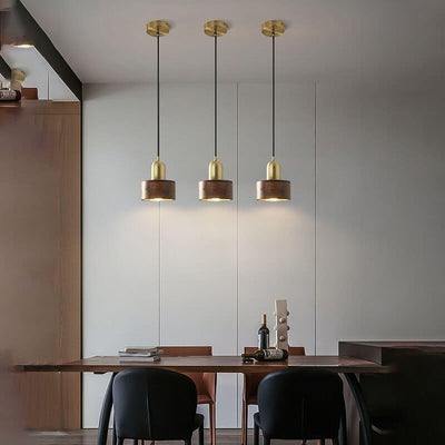 Vintage Walnut Cylinder Brass Top LED Pendant Light