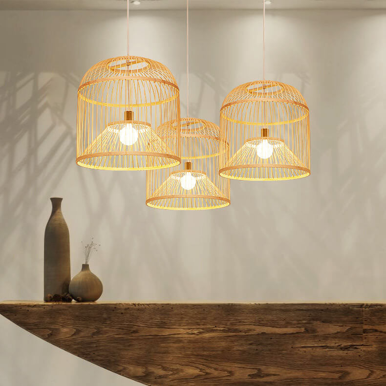 Moderne chinesische Bambusgeflecht-Vogelkäfig 1-Licht Pendelleuchte 
