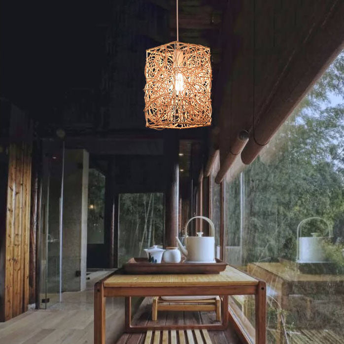 Lámpara colgante de 1 luz con forma cuadrada de tejido de ratán vintage 