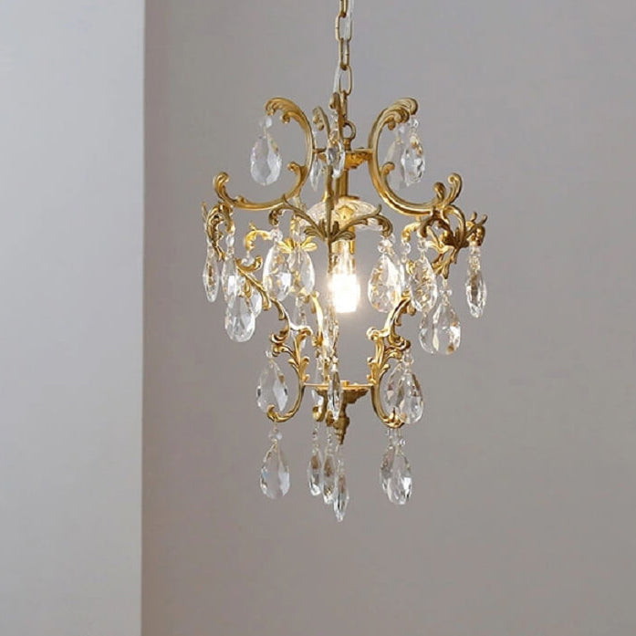 Lámpara colgante elegante de 1 luz de cristal de latón vintage francés 