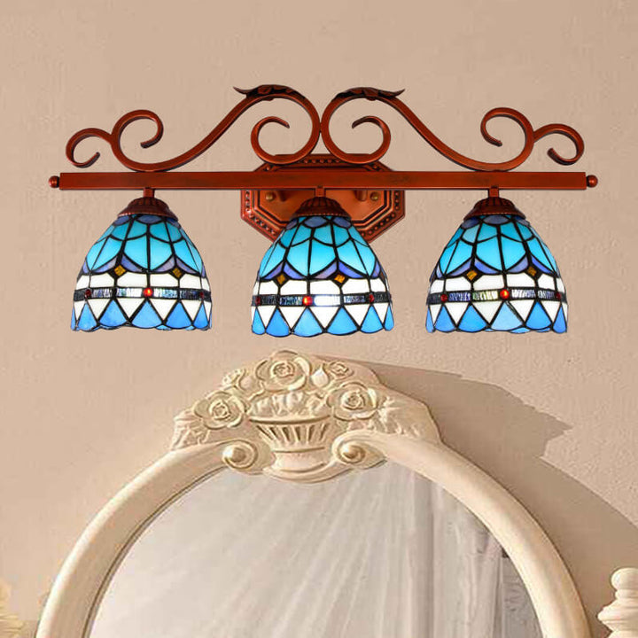 Tiffany Mittelmeerblaues Buntglas 3-Licht Wandlampe 