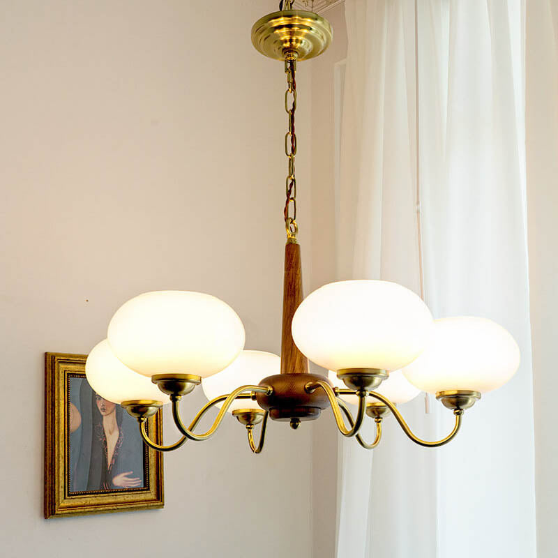 Vintage Walnut Glass Shade 4/6-Light Chandelier