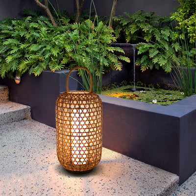 Modern Rattan Weaving Cylinder Outdoor Waterproof Floor Lamp