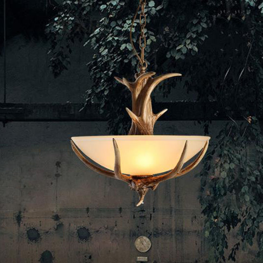 Lámpara de araña de 3 luces con cuenco de vidrio de resina vintage con astas 