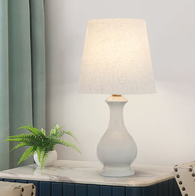 Modern Minimalist Fabric Shade White Ceramic 1-Light Table Lamp