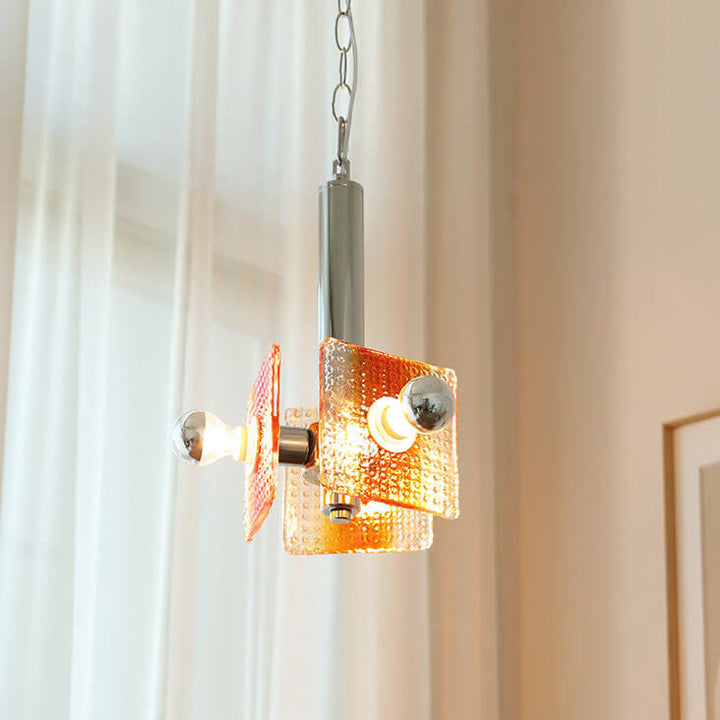 Traditional Vintage Caramel Glass Iron Square 3-Light Chandelier for Living Room