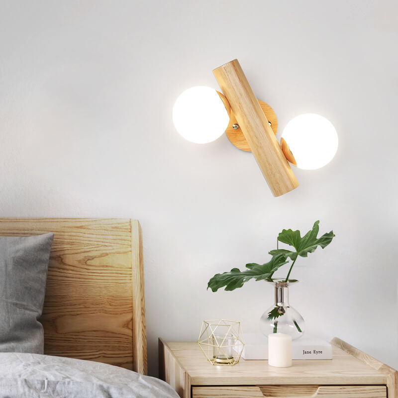 Modern Log Wood Double Glass Globe 2-Light Wall Sconce Lamp