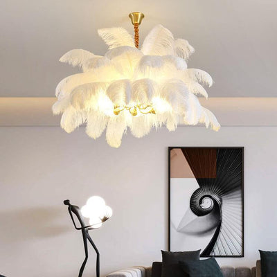 Modern Ostrich Feather 6-Light Brass Chandeliers