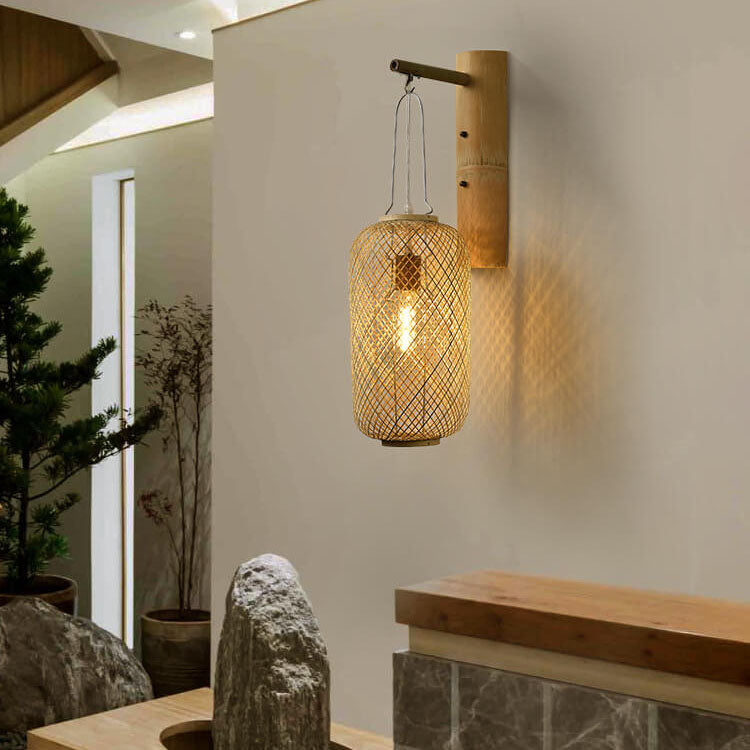 Modern Bamboo Weaving Column Lantern 1-Light  Wall Sconce Lamp