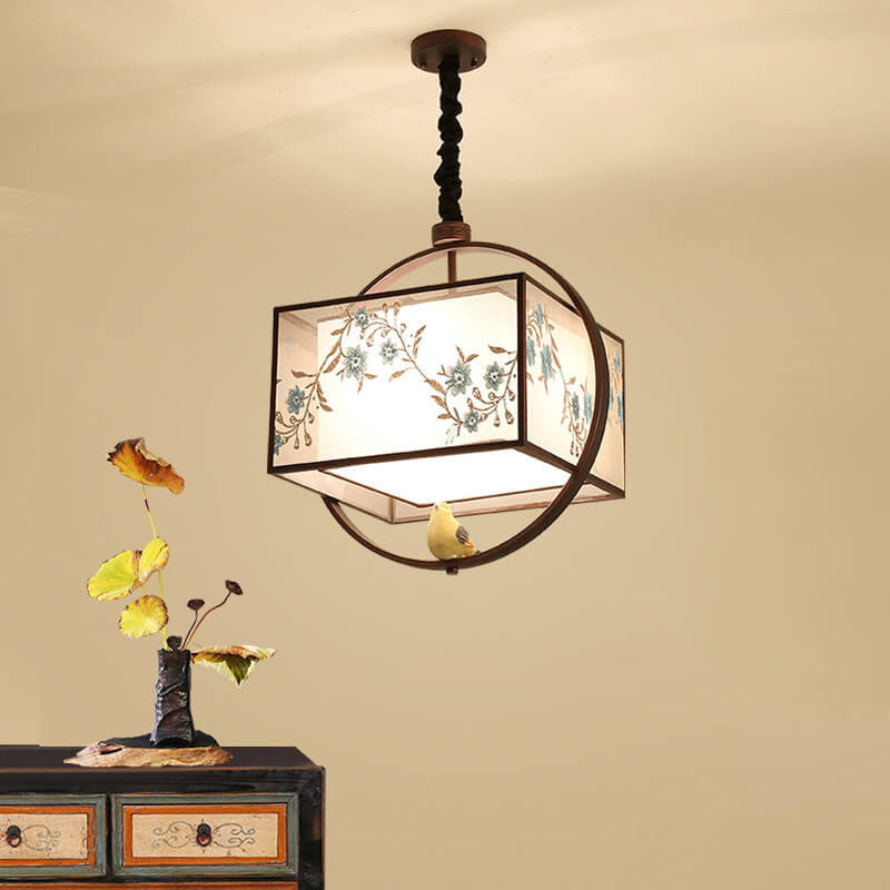 Modern Square Fabric 1-Light Chinese Style Embroidery Pendant Light