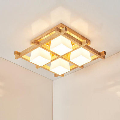 Japanese Minimalist Wooden Square Cube Shade 4/6/9 Light Flush Mount Ceiling Light