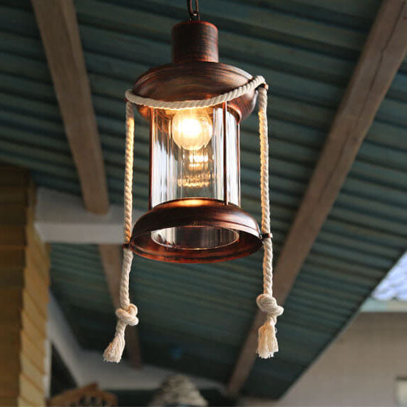Vintage Hemp Rope Lantern Oil Lamp Iron Pendant Light